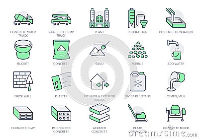 Concrete line icons. Vector illustration include icon - brick, construction, broken stone, spatula, mixer truck, putty Vector Illustration