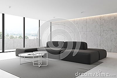 Concrete living room corner with sofa and balcony Stock Photo