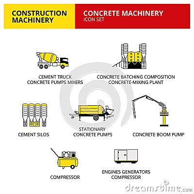 Concrete machinery vehicle and transport car construction machinery icons set vector Vector Illustration