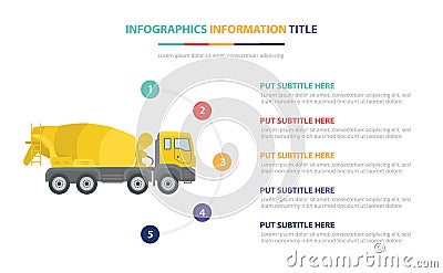 Concrete mixer infographic template concept with five points list and various color with clean modern white background - vector Cartoon Illustration