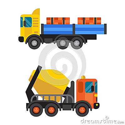 Concrete mixer and tipper truck cement industry equipment machine vector. Vector Illustration