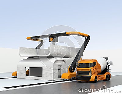 Concrete mixer truck in the side of industrial 3D printer which printing house Stock Photo