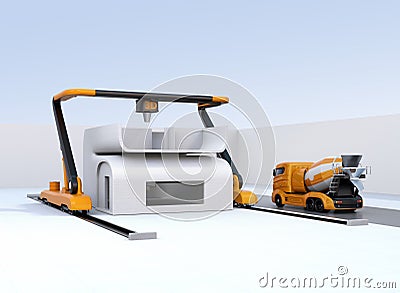 Concrete mixer truck in the side of industrial 3D printer which printing house Stock Photo