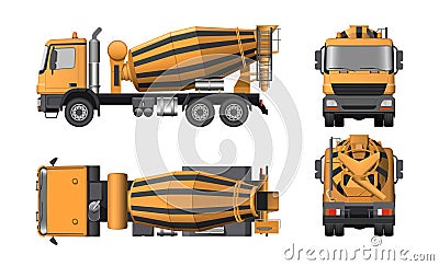 Concrete mixer truck. Side, top, front and back views. Orange isolated lorry with cement. 3d industrial blueprint Vector Illustration