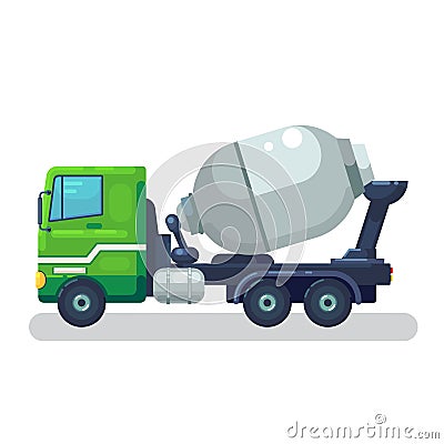 Concrete mixing truck vector. Flat design. Industrial transport. Construction machine. Green lorry with mixer pour out Vector Illustration