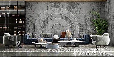 Concrete modern indoor wallpaper bar ornamental plants living room luxury style 3D rendering Stock Photo