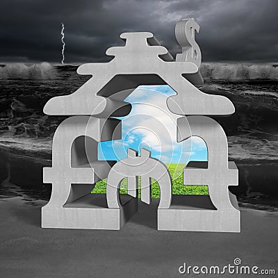 Concrete money symbols stacking building with billow Stock Photo