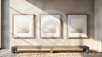 Sepia Tone 3d Render: Framed Pictures Above Wooden Bench In Empty Room Stock Photo