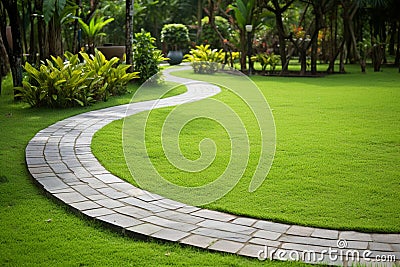 Concrete paving stone path in the park. Landscaping in the garden with a path lined with concrete tiles. Generative AI Stock Photo