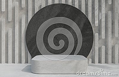 Concrete podium for product presentation and black rock circle on concrete wall background minimal style.,3d model and Cartoon Illustration
