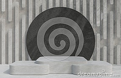 Concrete podium for product presentation and black rock circle on concrete wall background minimal style.,3d model and Cartoon Illustration