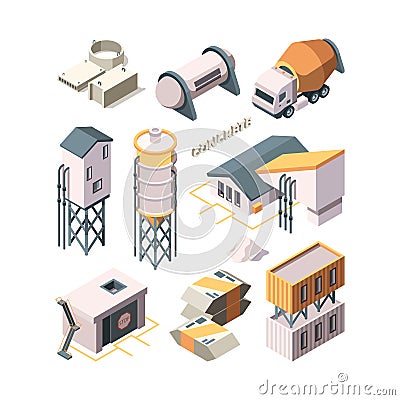 Concrete production. Cement factory industry material technology concrete mixer transport tanks vector isometric Vector Illustration