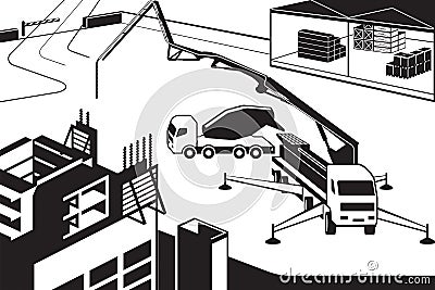 Concrete pump truck pouring wall on new building Vector Illustration