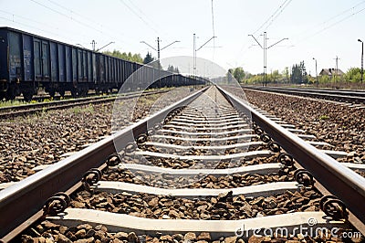 Concrete railway sleeper. Railroad fasteners, elastic clips that are for fixing rail Stock Photo