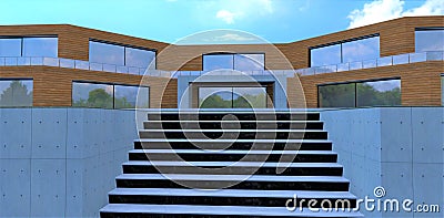 Concrete staircase to the futuristic woodwn facade house. Entrance to the building. Big panoramic windows. 3d render Stock Photo