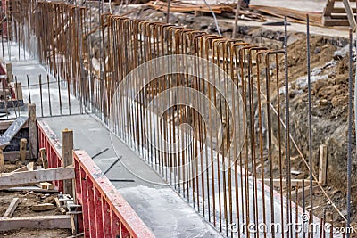 Concrete steel reinforcement in foundation of a new building Stock Photo