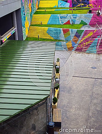 Concrete steps and graffiti at Veranda Mall in Bucharest Editorial Stock Photo