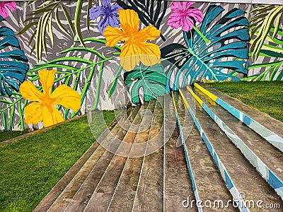 Concrete steps and graffiti at Veranda Mall in Bucharest Editorial Stock Photo