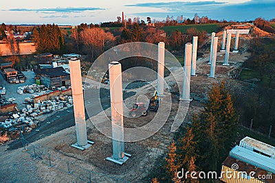 Concrete supports for the new bridge during construction from above Stock Photo