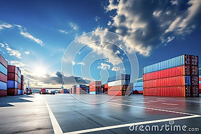 Concrete transshipment area with rows of shipping bulk containers and trucks under beautiful blue sky with clouds and shining sun Stock Photo