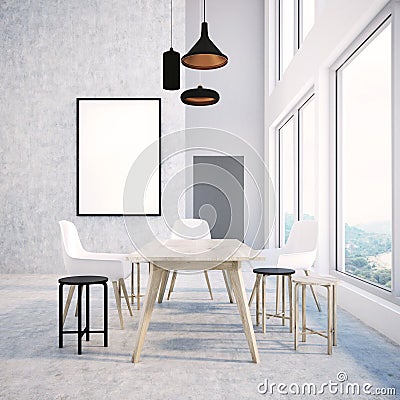 Loft dining room interior, wooden table, poster Stock Photo