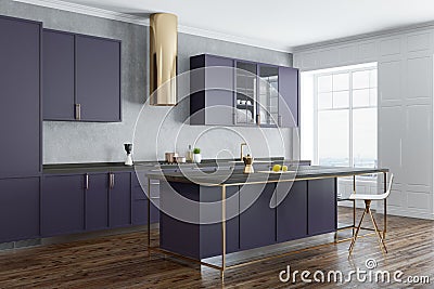 Concrete wall kitchen corner, purple countertops Stock Photo