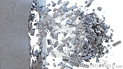 Concrete wall shatters into thousands of small pieces. Cracked earth, abstract background. Explosion, destruction Stock Photo