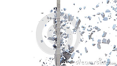 Concrete wall shatters into thousands of small pieces. Cracked earth, abstract background. Explosion, destruction Stock Photo