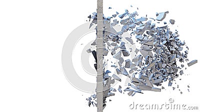 Concrete wall shatters into thousands of small pieces. Cracked earth, abstract background. Explosion, destruction Stock Photo