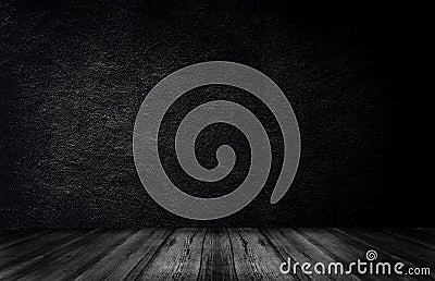 Studio dark room black cray wall with wooden floor. Stock Photo