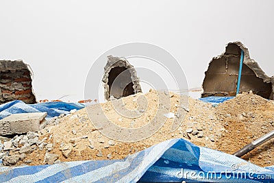 Concrete walls in the shade that have been smashed Stock Photo