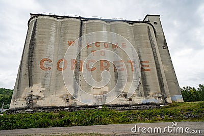 Sign made of old concrete silos welcomes visitors to the small town in Northern Washington Editorial Stock Photo