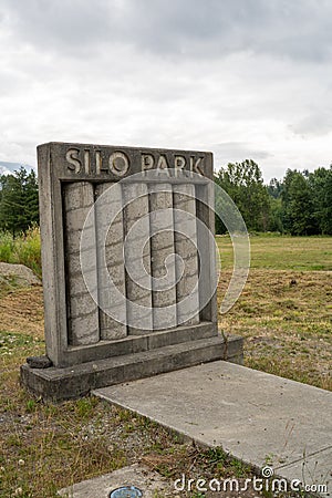 Small sign made of replica concrete silos welcomes visitors to Silo Park Editorial Stock Photo