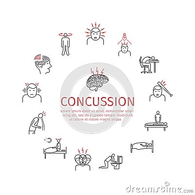 Concussion. Symptoms, Treatment. Line icons set. Vector signs for web graphics. Vector Illustration