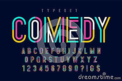 Condensed colorful display font design, alphabet and numbers. Vector Illustration