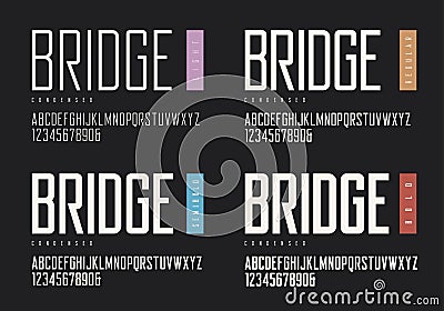 Condensed light regular semibold bold sans serif. Vector typefaces, uppercase alphabet with letters and numbers, font, typography. Vector Illustration