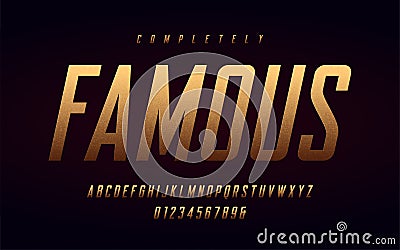 Condensed uppercase letters and numbers, alphabet with effect of the gold foil. Vector Illustration