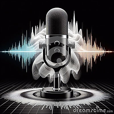 condenser microphone with a cool soundwave graph as background Stock Photo