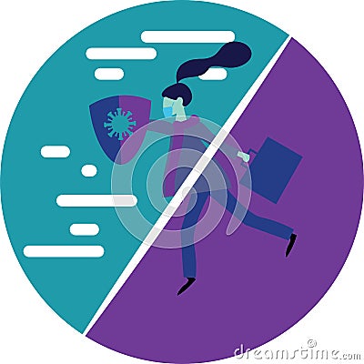 A Masked Woman Worker using A Shield runs From Normal into New Normal Condition Due to Corona Virus Covid 19 Vector Illustration