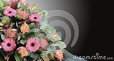 Condolence card with flowers arrangement and dark background. Stock Photo