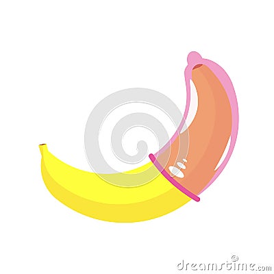 Condom on a banana. Contraception, sex education banner Vector Illustration