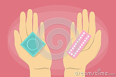 Condom and contraceptive pill in hands isolated Stock Photo