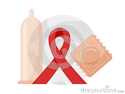 Condom and red ribbon Symbol of World AIDS Day. Attributes on the background of the globe. Vector Illustration