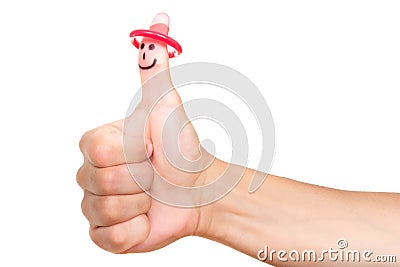Condom on smiling thumb, isolated on white Stock Photo