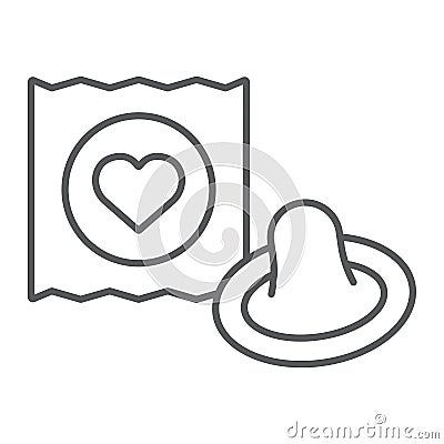 Condom thin line icon, valentine and holiday, protect rubber sign, vector graphics, a linear pattern on a white Vector Illustration