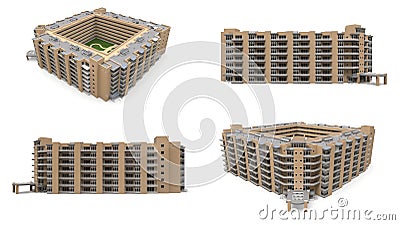 Condominium 3d model. Apartment house with a courtyard. 3d rendering Stock Photo