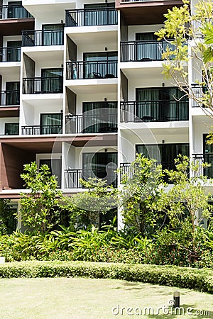 Condominium and swiming pool life of City people in modern town. Stock Photo