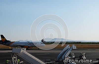 Condor air boeing 757 before flight settings at berlin shonefeld airport. Editorial Stock Photo