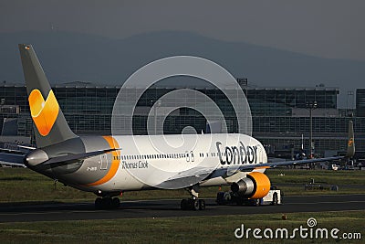Condor Airline plane being towed, close-up view Editorial Stock Photo