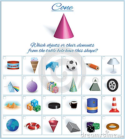 Cone. Logical task. Volumetric geometrical figure with examples of such objects form Vector Illustration